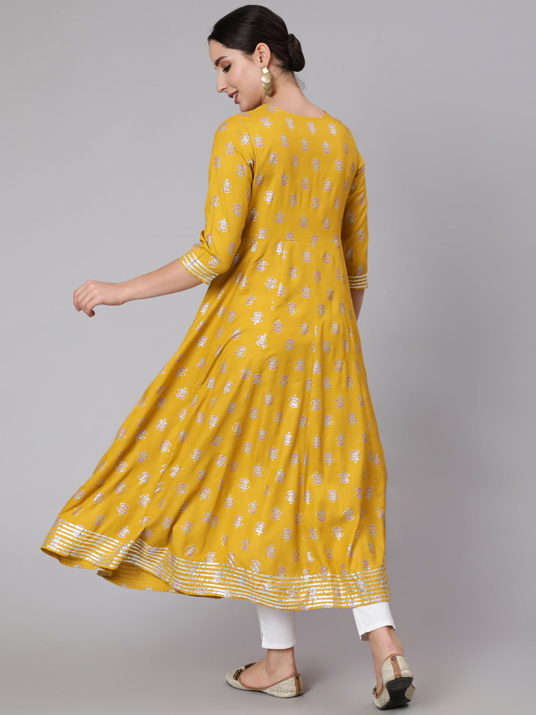 Rayon Calf Length Sequence Flared 3/4 Sleeve Round Neck Kurta
