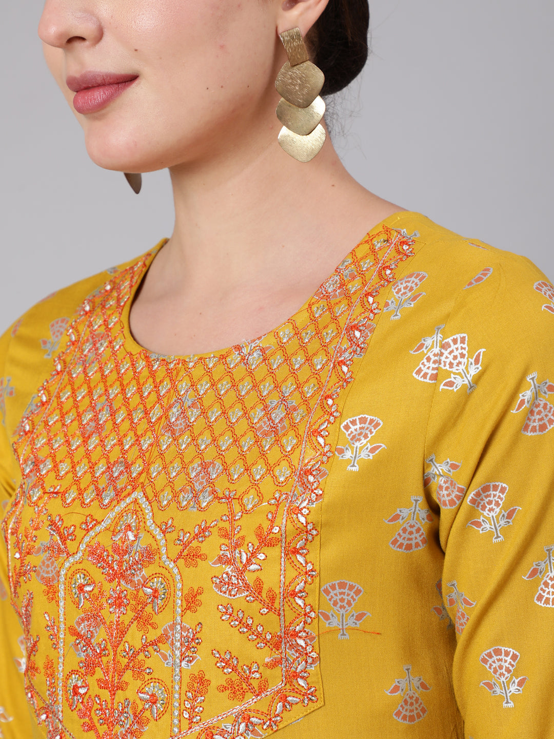 Rayon Calf Length Sequence Flared 3/4 Sleeve Round Neck Kurta