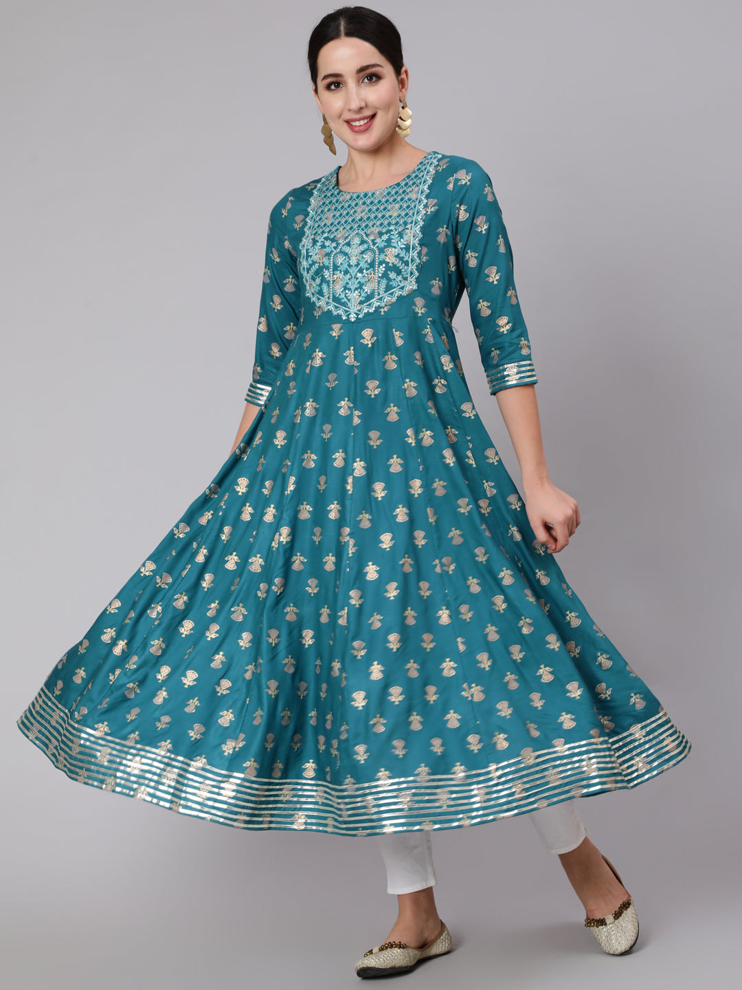 Rayon Calf Length Sequence Flared 3/4 Sleeve Round Neck Kurta