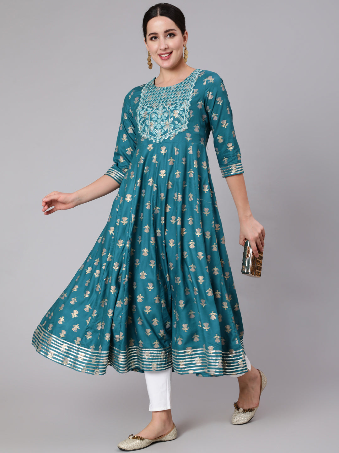 Rayon Calf Length Sequence Flared 3/4 Sleeve Round Neck Kurta