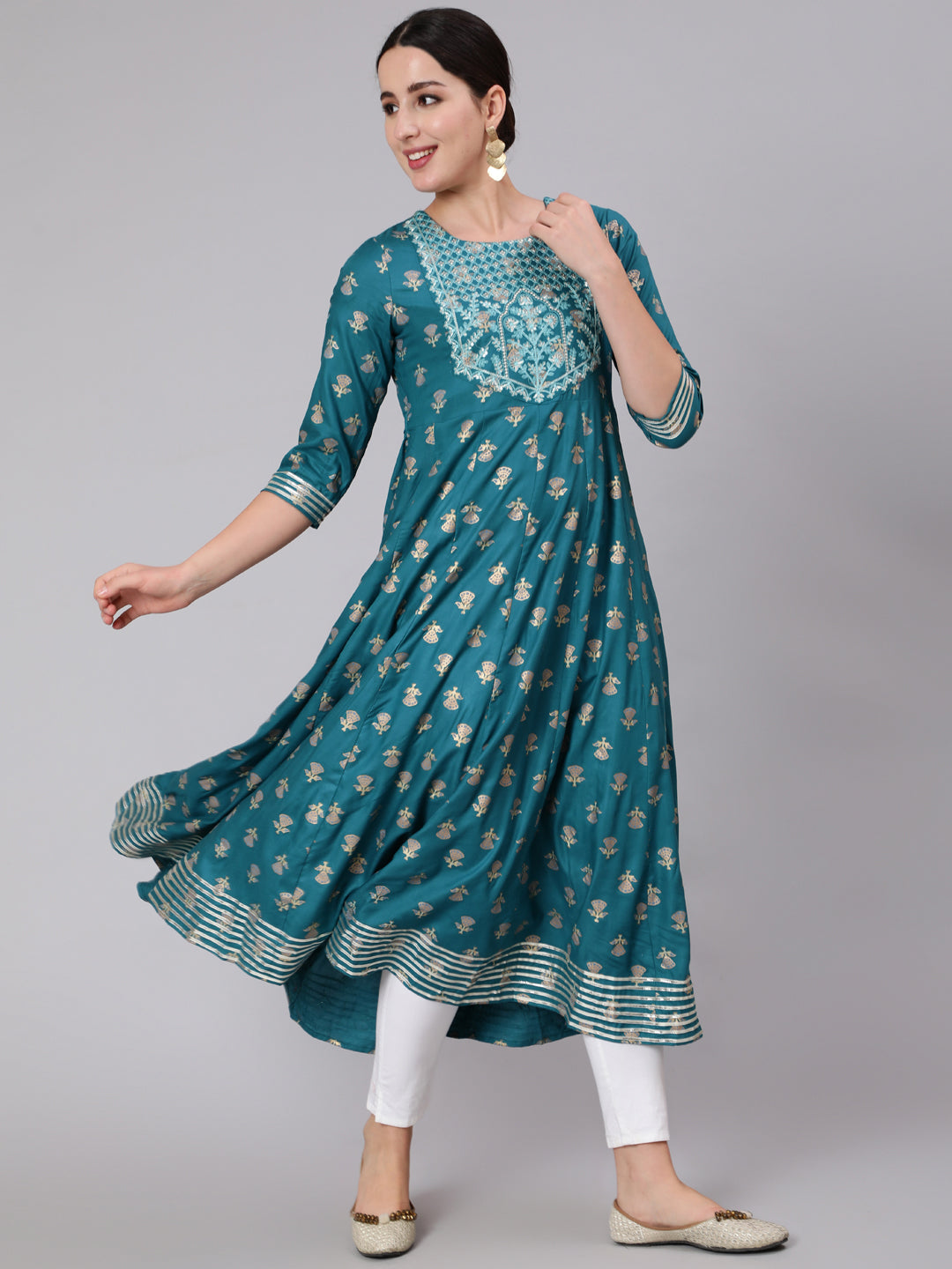 Rayon Calf Length Sequence Flared 3/4 Sleeve Round Neck Kurta
