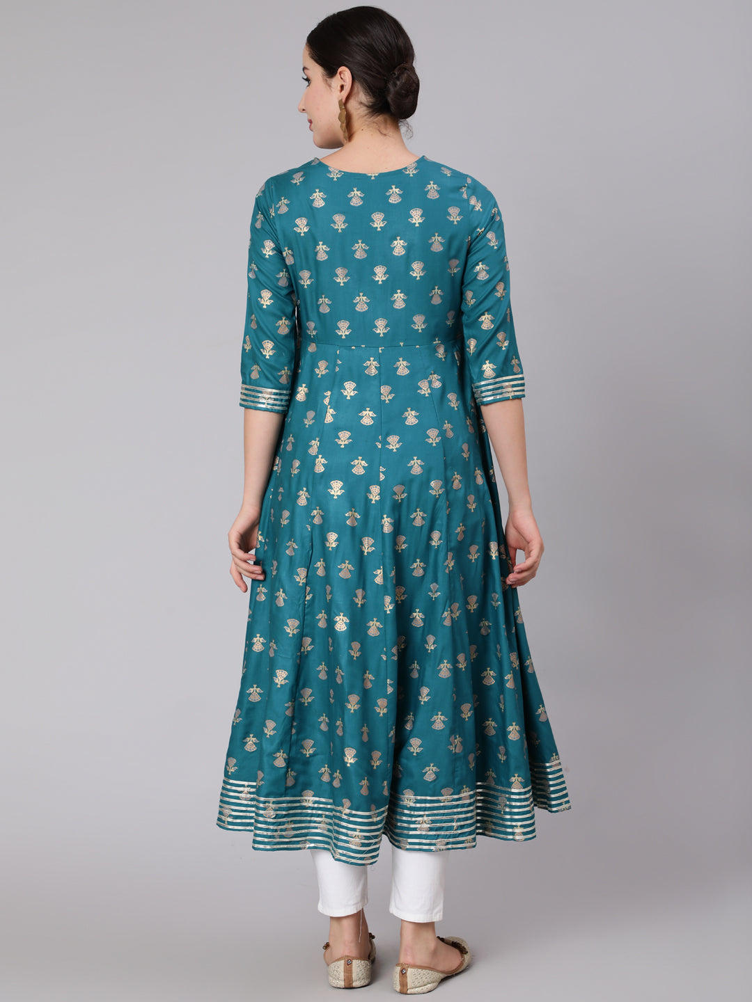 Rayon Calf Length Sequence Flared 3/4 Sleeve Round Neck Kurta