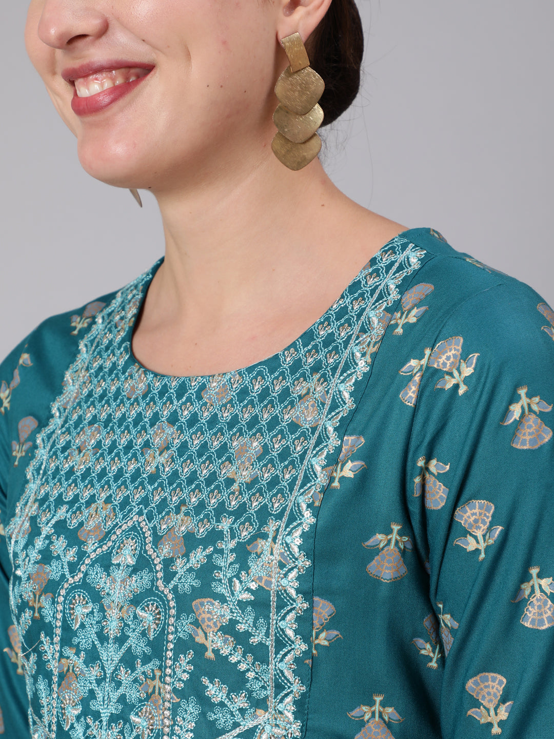 Rayon Calf Length Sequence Flared 3/4 Sleeve Round Neck Kurta