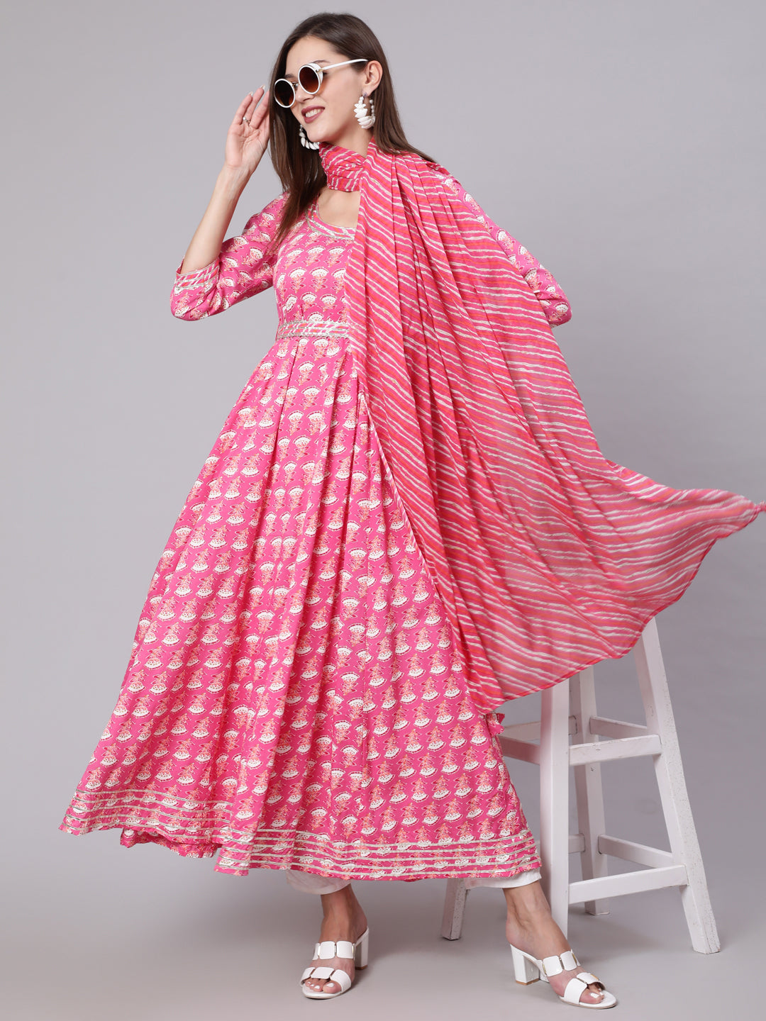 Rayon Ankle Length Printed Flared 3/4 Sleeve Round Neck Kurta Dupatta Set
