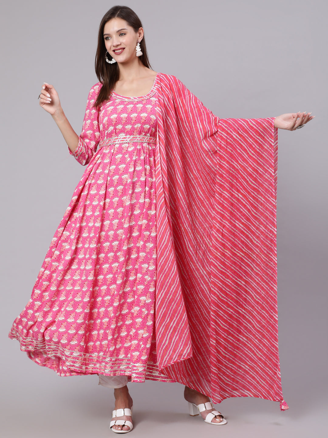 Rayon Ankle Length Printed Flared 3/4 Sleeve Round Neck Kurta Dupatta Set