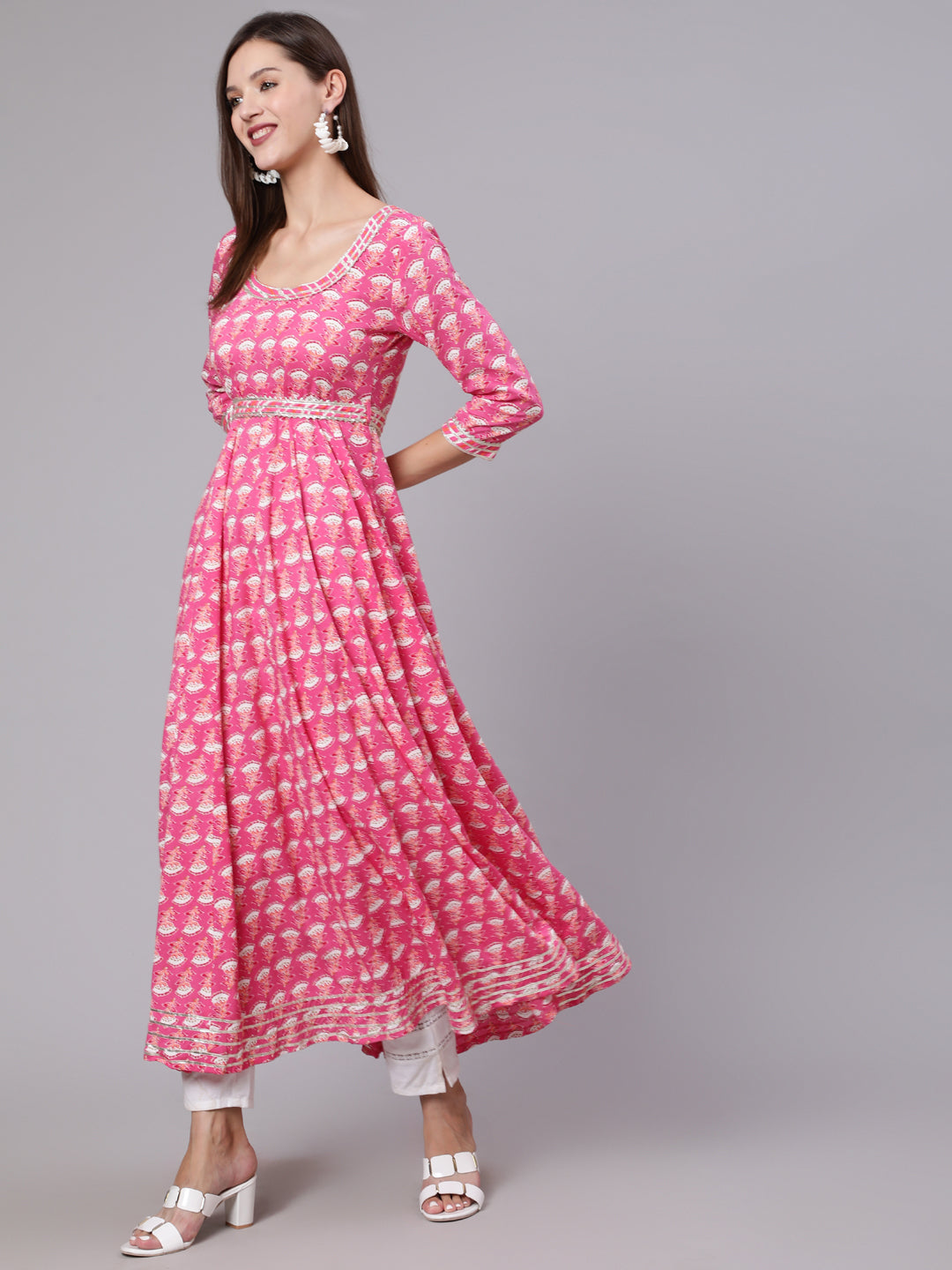 Rayon Ankle Length Printed Flared 3/4 Sleeve Round Neck Kurta Dupatta Set