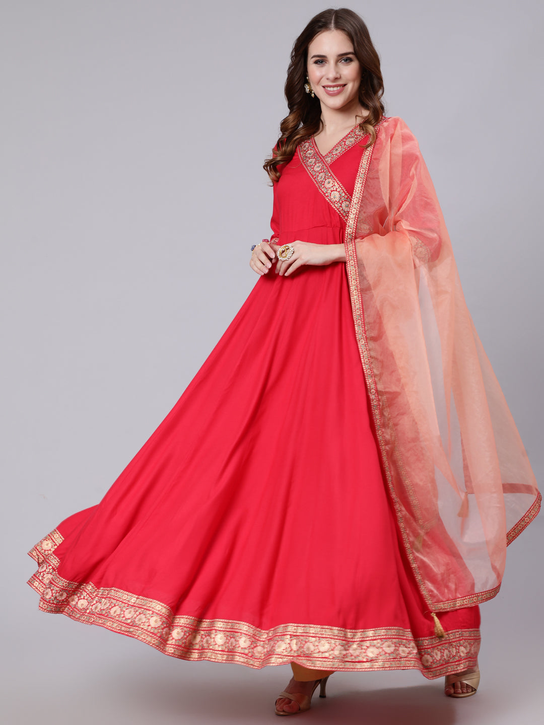 Rayon Slub Full Length Solid Flared 3/4 Sleeve V Neck Kurta Dupatta