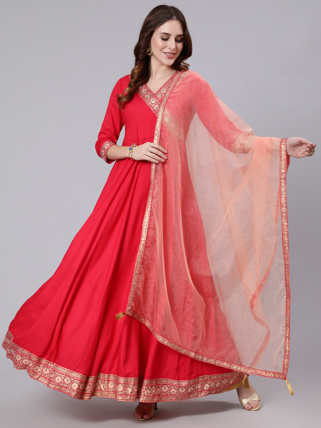 Rayon Slub Full Length Solid Flared 3/4 Sleeve V Neck Kurta Dupatta
