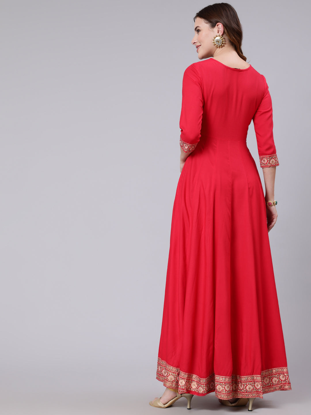 Rayon Slub Full Length Solid Flared 3/4 Sleeve V Neck Kurta Dupatta