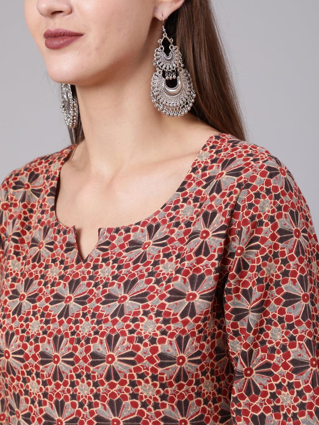 Rayon Calf Length Printed Semi Flared 3/4 Sleeve Round Neck Kurta