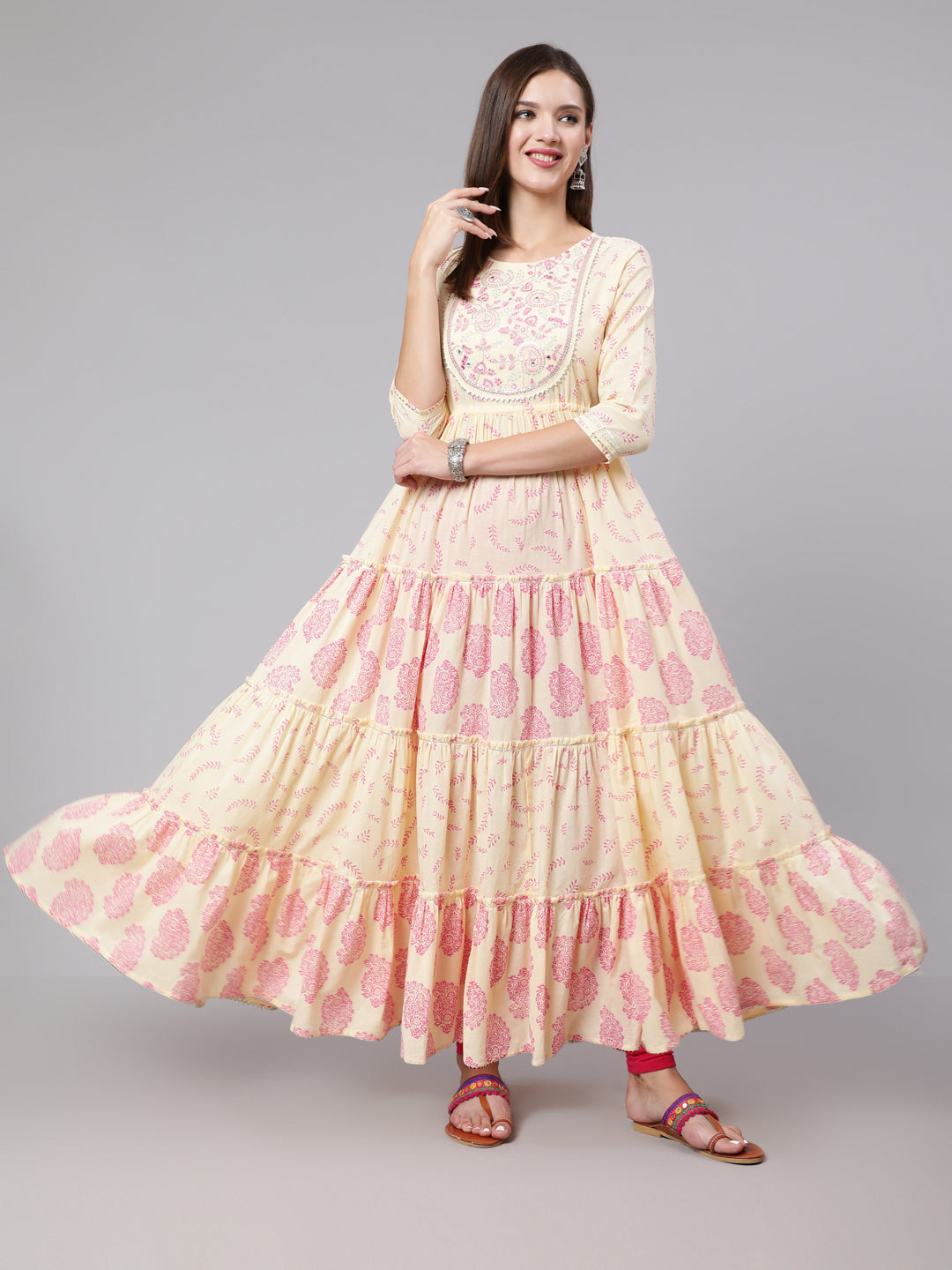 Cotton Ankle Length Printed Flared 3/4 Sleeve Round Neck Kurta