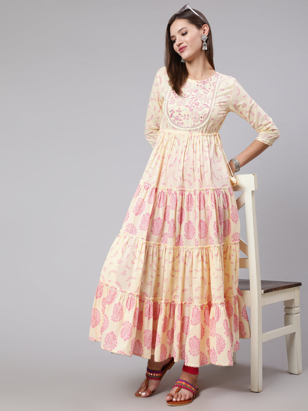 Cotton Ankle Length Printed Flared 3/4 Sleeve Round Neck Kurta