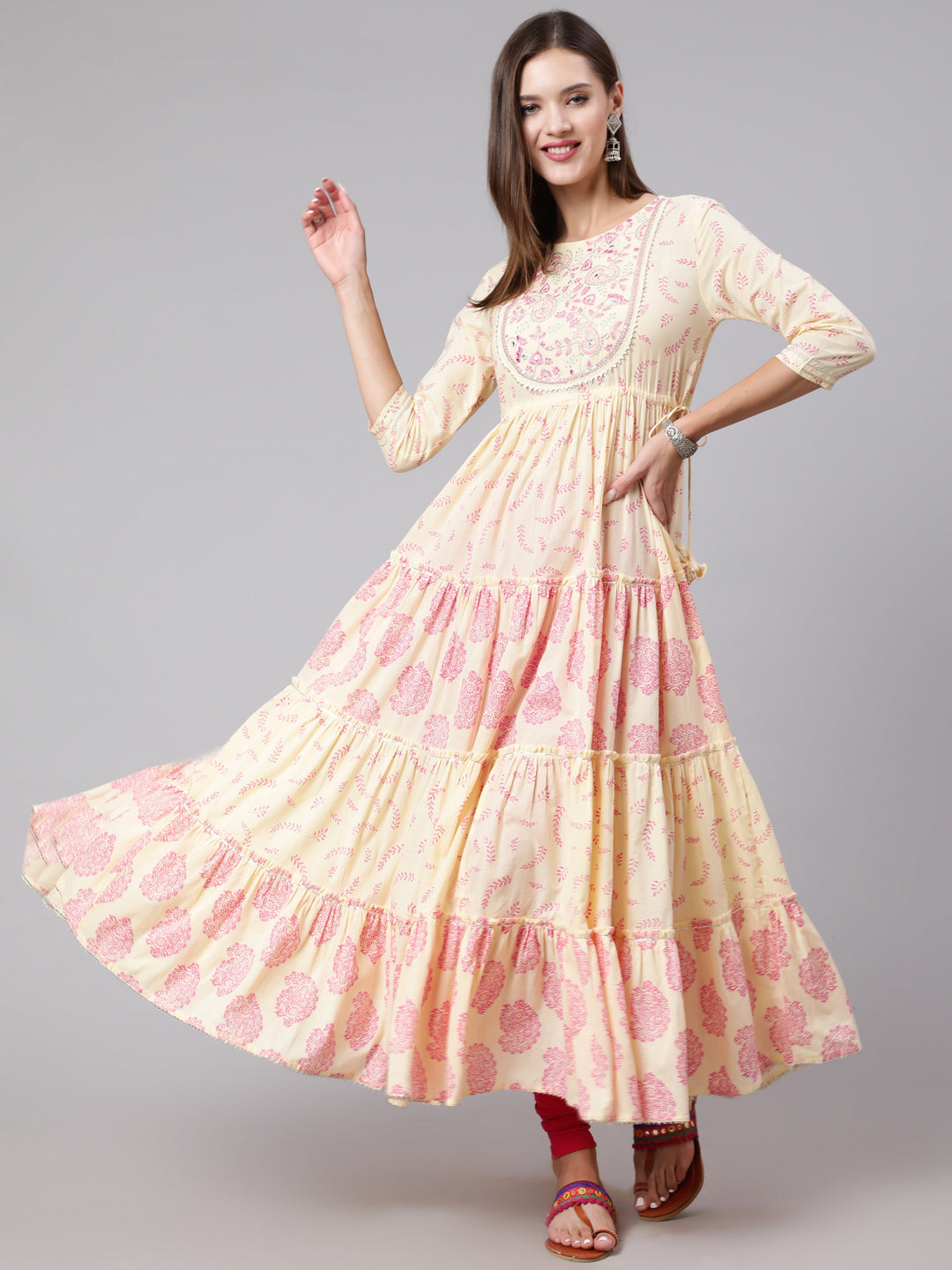 Cotton Ankle Length Printed Flared 3/4 Sleeve Round Neck Kurta