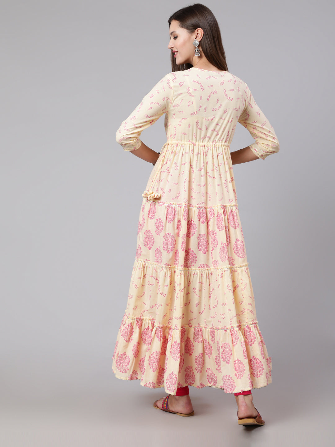 Cotton Ankle Length Printed Flared 3/4 Sleeve Round Neck Kurta