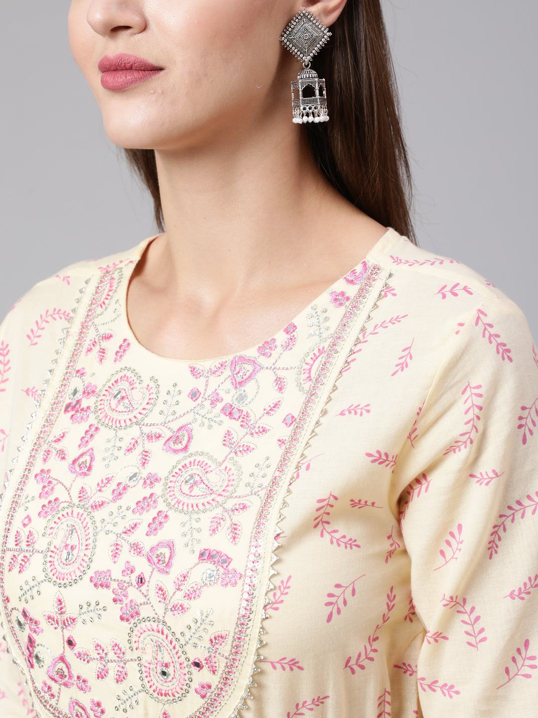 Cotton Ankle Length Printed Flared 3/4 Sleeve Round Neck Kurta