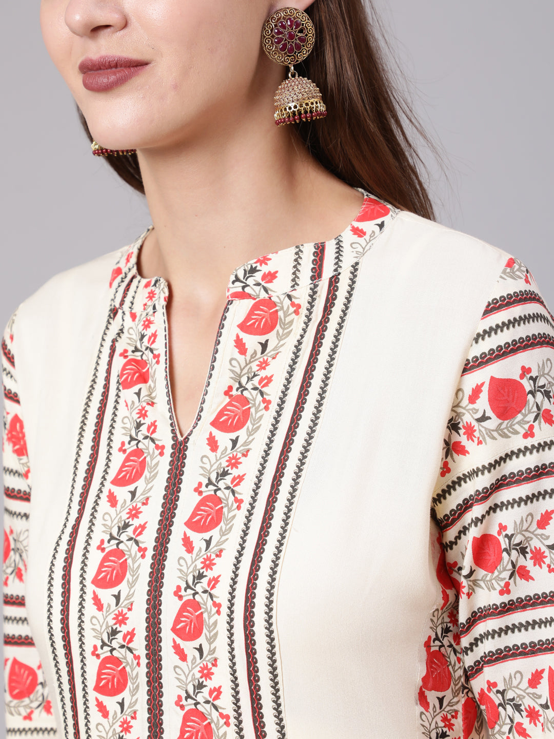 Rayon Calf Length Printed Semi Flared 3/4 Sleeve Collar Neck Kurta