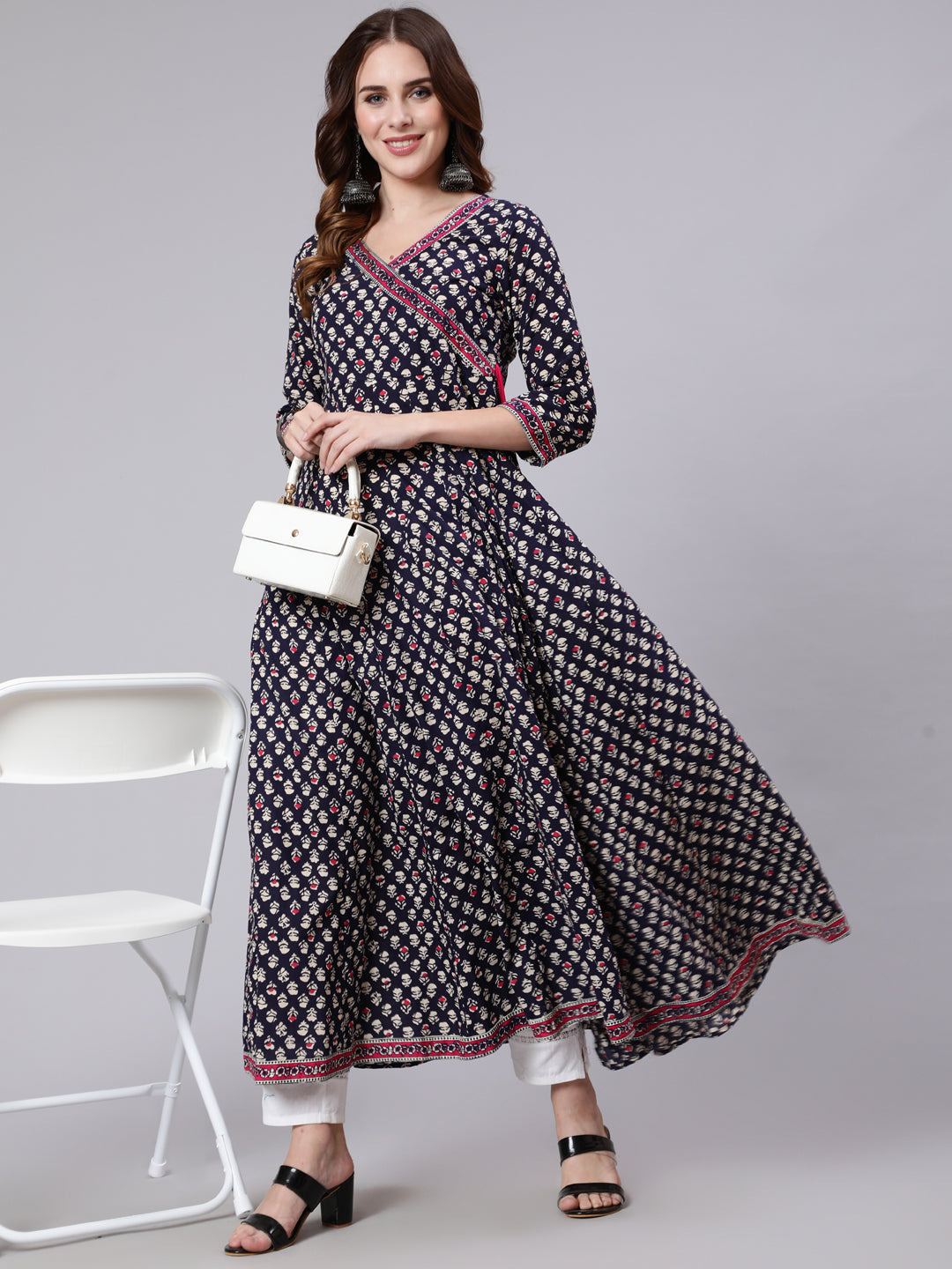 Cotton Ankle Length Printed Flared 3/4 Sleeve V Neck Angrakha