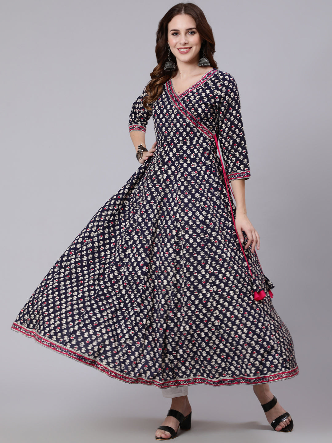 Cotton Ankle Length Printed Flared 3/4 Sleeve V Neck Angrakha