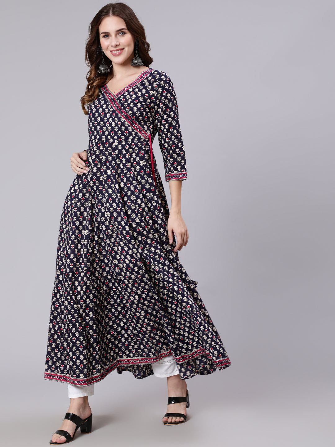Cotton Ankle Length Printed Flared 3/4 Sleeve V Neck Angrakha
