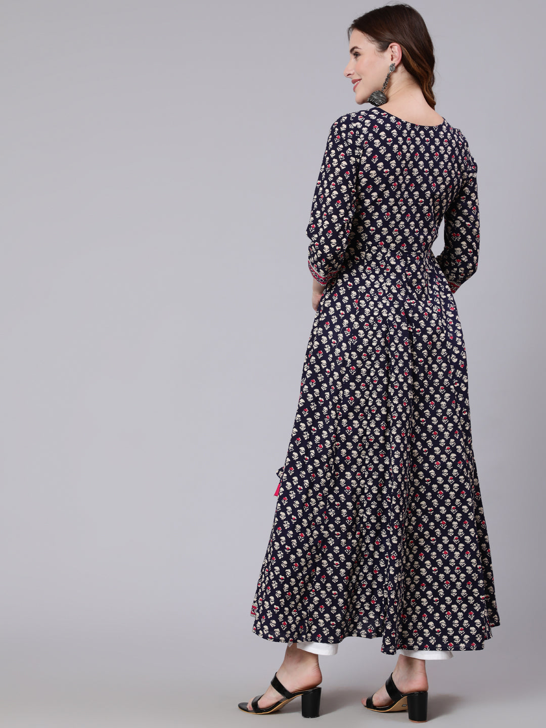 Cotton Ankle Length Printed Flared 3/4 Sleeve V Neck Angrakha