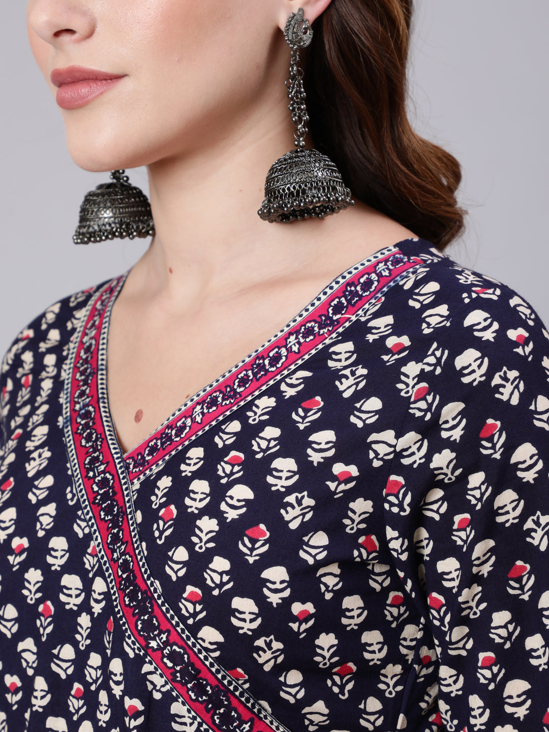 Cotton Ankle Length Printed Flared 3/4 Sleeve V Neck Angrakha