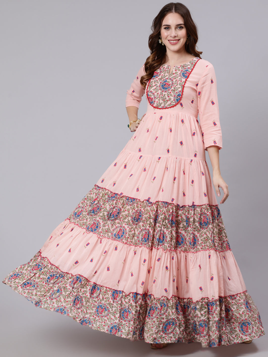 Cotton Full Length Printed Tired 3/4 Sleeve Round Neck Kurta