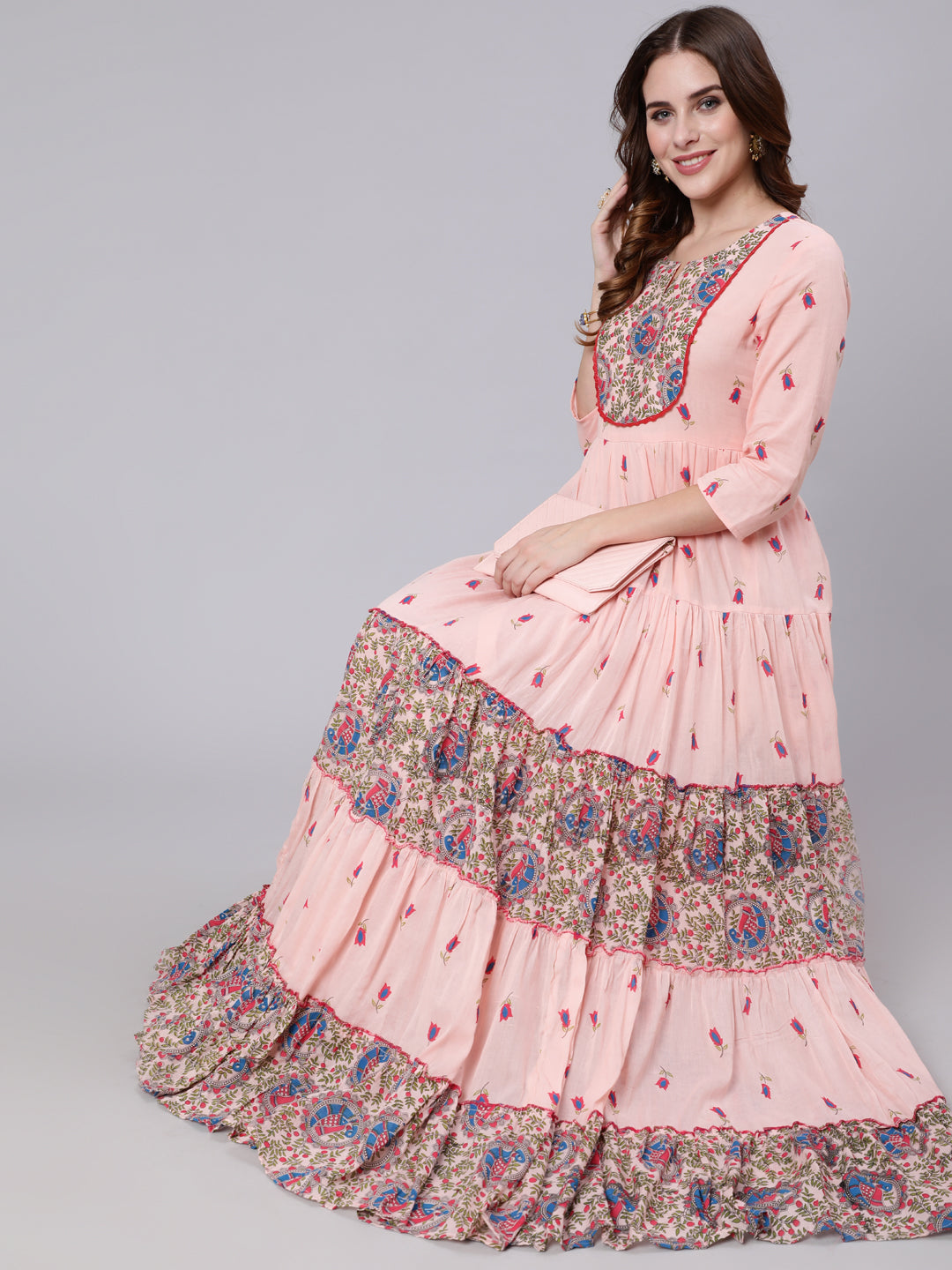Cotton Full Length Printed Tired 3/4 Sleeve Round Neck Kurta