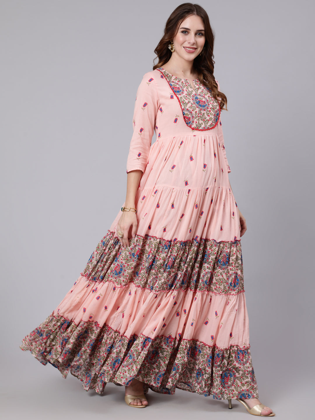 Cotton Full Length Printed Tired 3/4 Sleeve Round Neck Kurta
