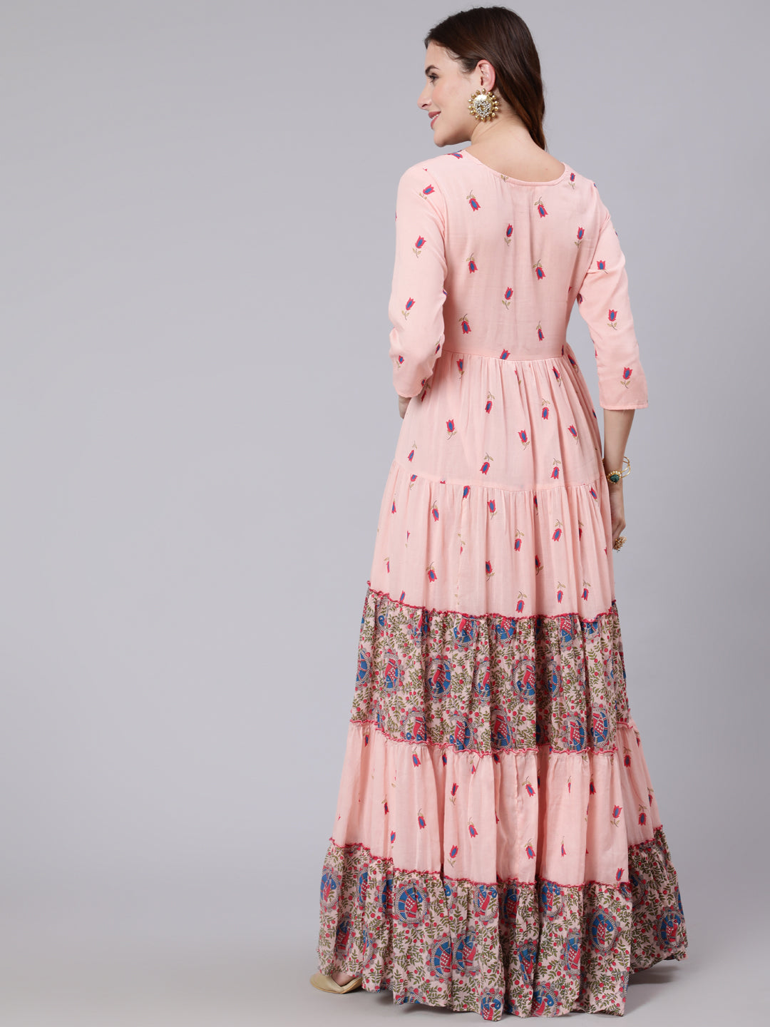Cotton Full Length Printed Tired 3/4 Sleeve Round Neck Kurta
