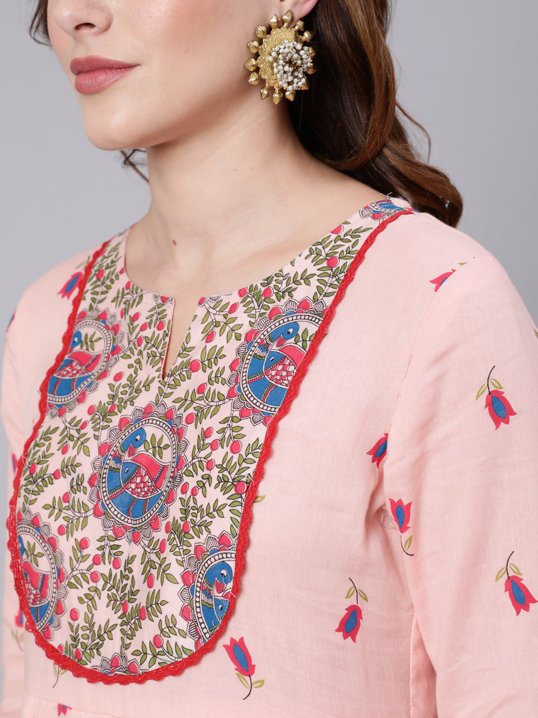 Cotton Full Length Printed Tired 3/4 Sleeve Round Neck Kurta