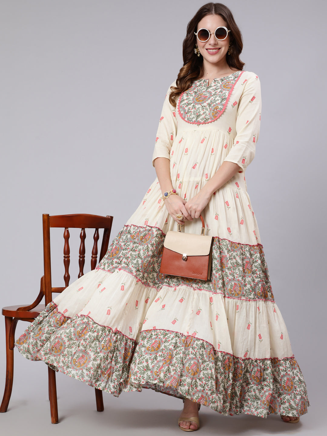Cotton Full Length Printed Tired 3/4 Sleeve Round Neck Kurta