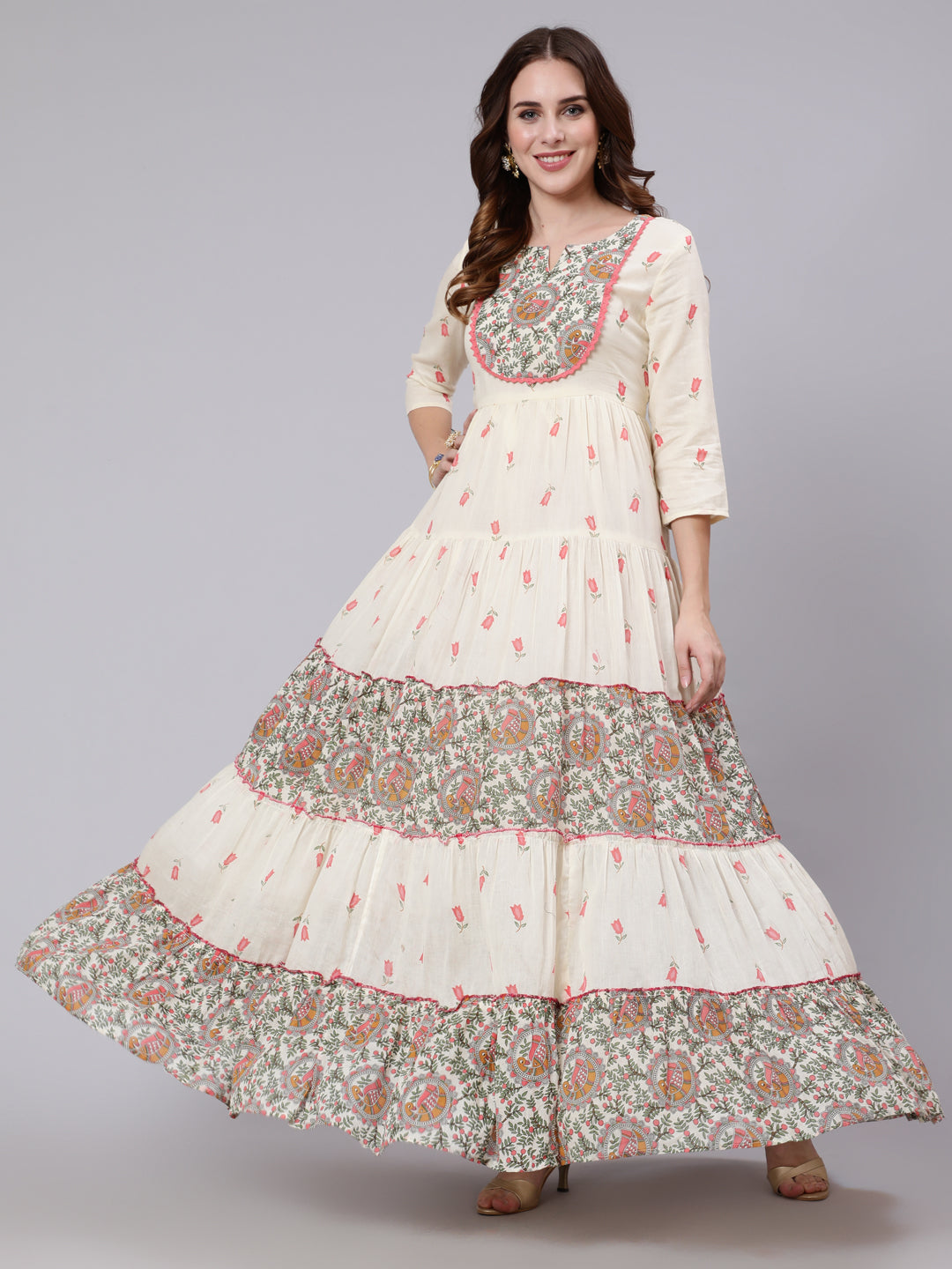 Cotton Full Length Printed Tired 3/4 Sleeve Round Neck Kurta