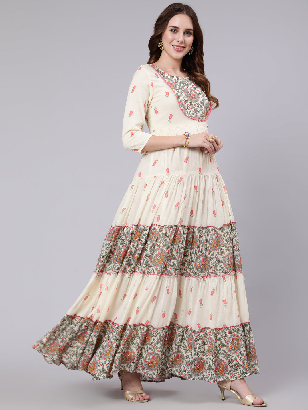 Cotton Full Length Printed Tired 3/4 Sleeve Round Neck Kurta