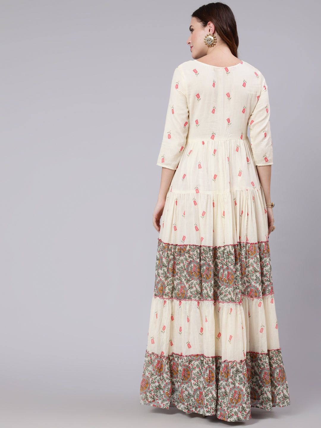 Cotton Full Length Printed Tired 3/4 Sleeve Round Neck Kurta