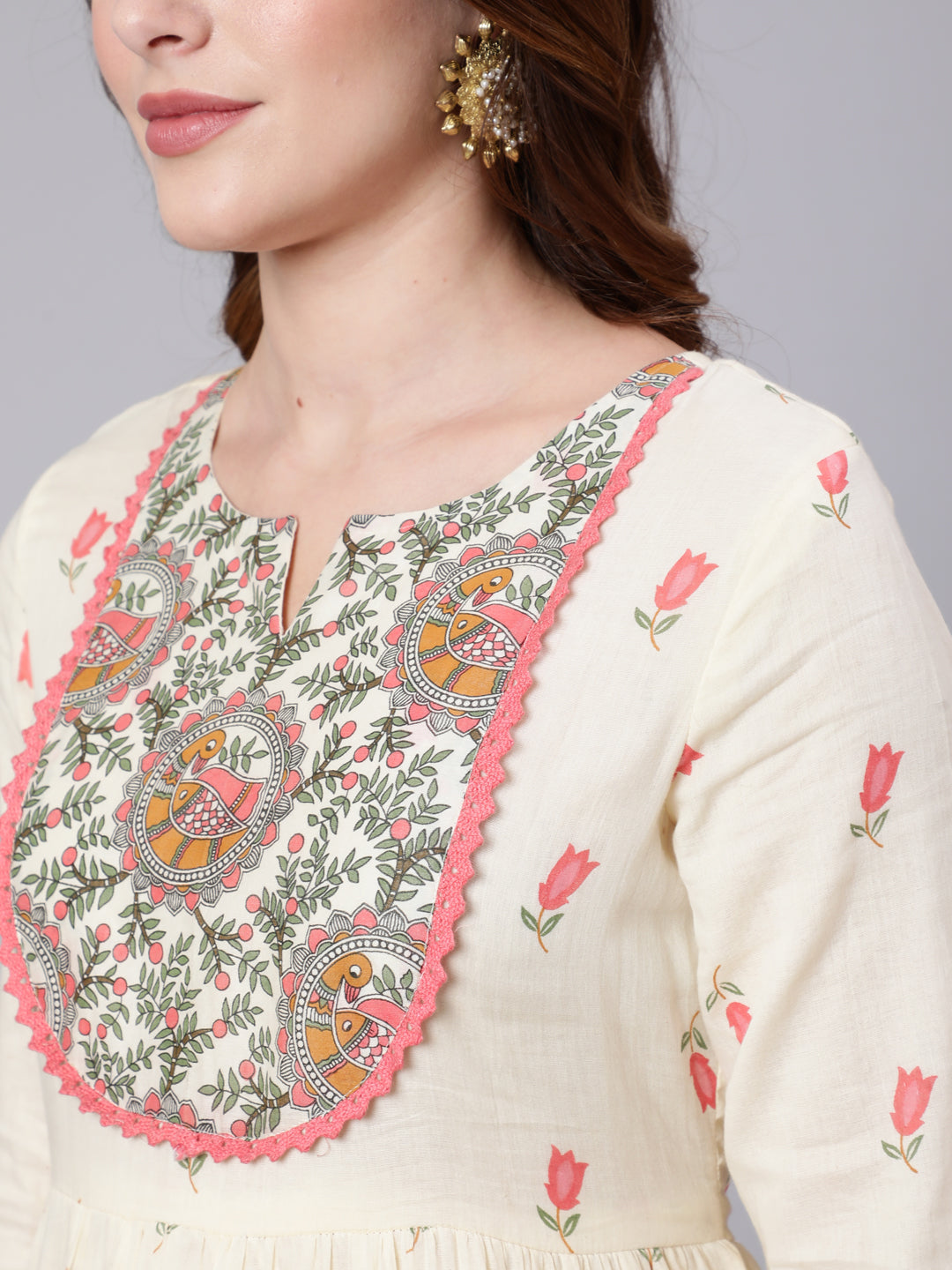 Cotton Full Length Printed Tired 3/4 Sleeve Round Neck Kurta