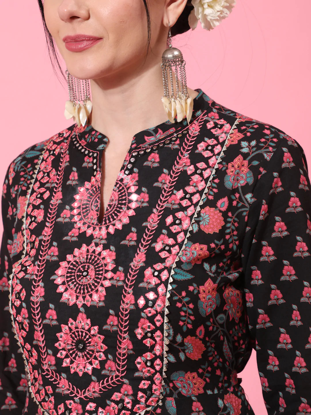 Cotton Full Length Printed Flared 3/4 Sleeve Collar Neck Kurta