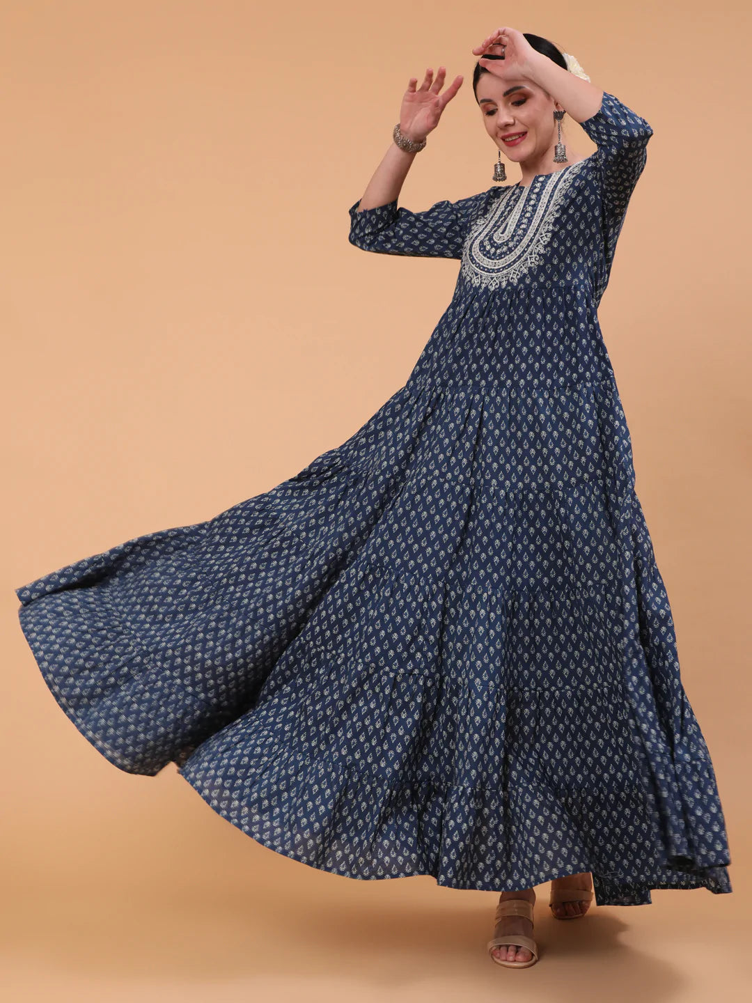 Cotton Full Length Printed Flared 3/4 Sleeve Round Neck Kurta