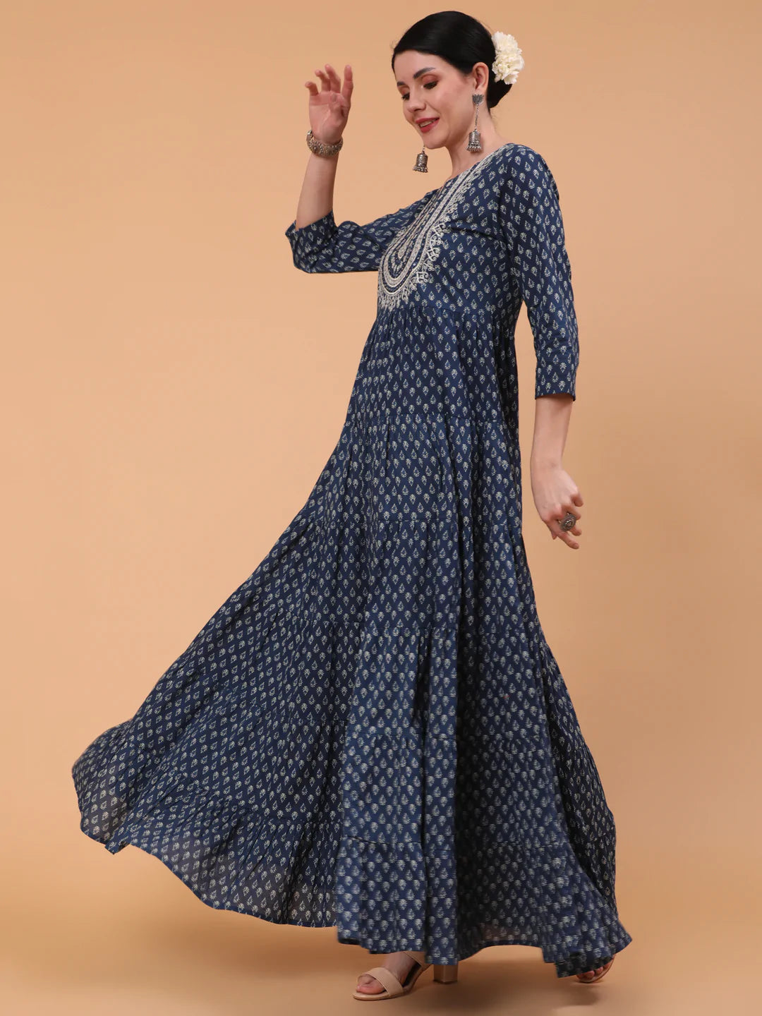 Cotton Full Length Printed Flared 3/4 Sleeve Round Neck Kurta