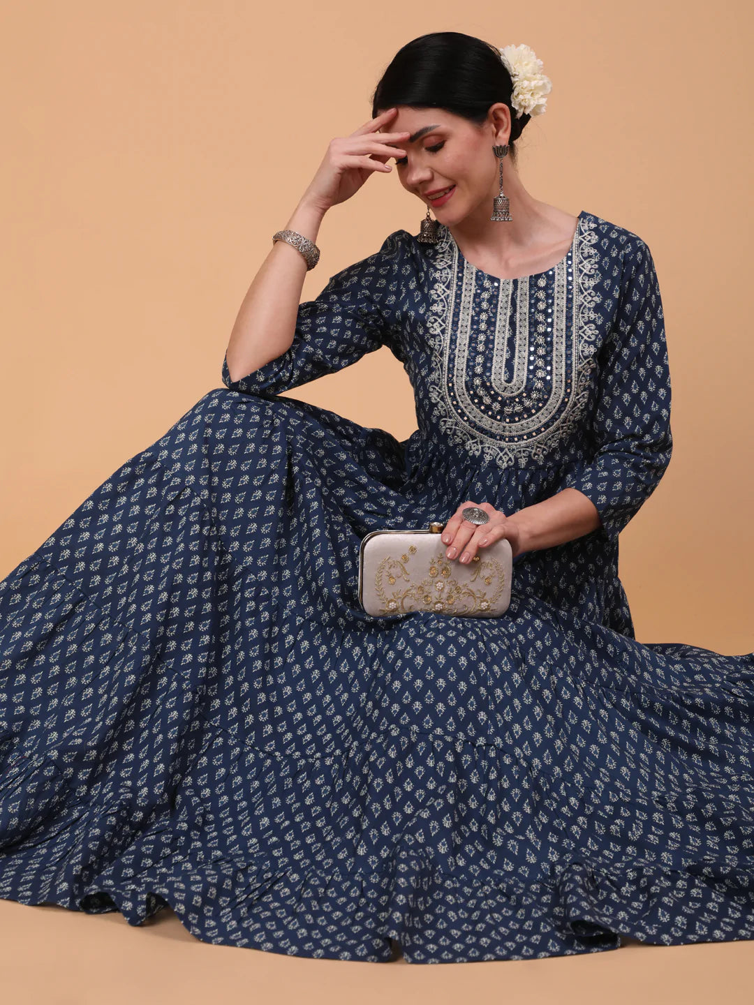 Cotton Full Length Printed Flared 3/4 Sleeve Round Neck Kurta