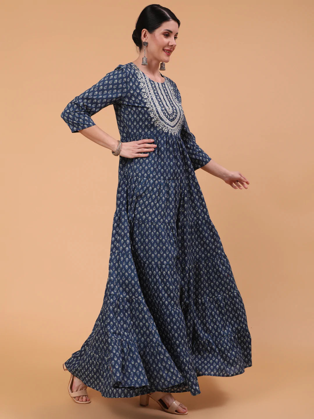 Cotton Full Length Printed Flared 3/4 Sleeve Round Neck Kurta