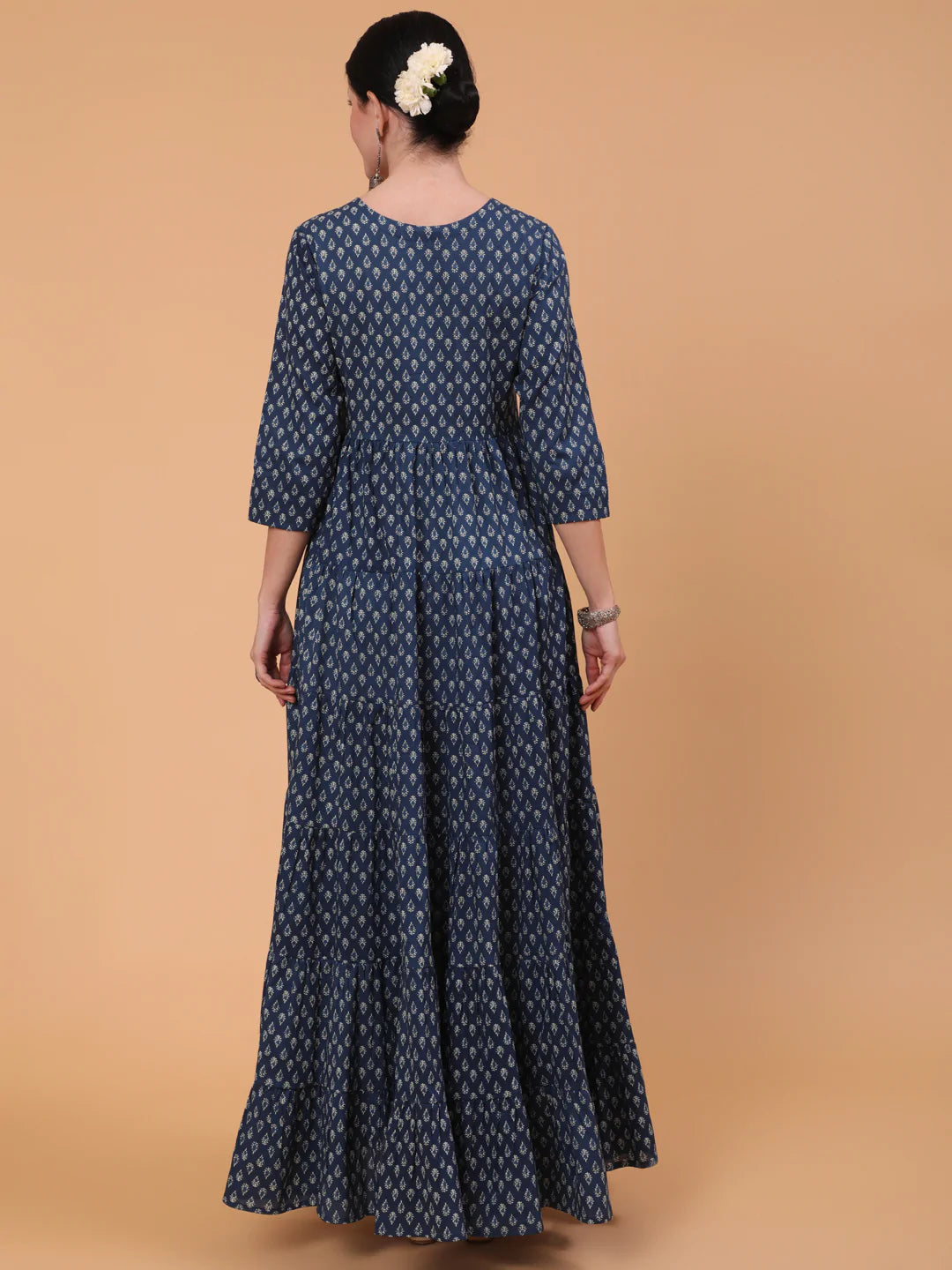 Cotton Full Length Printed Flared 3/4 Sleeve Round Neck Kurta