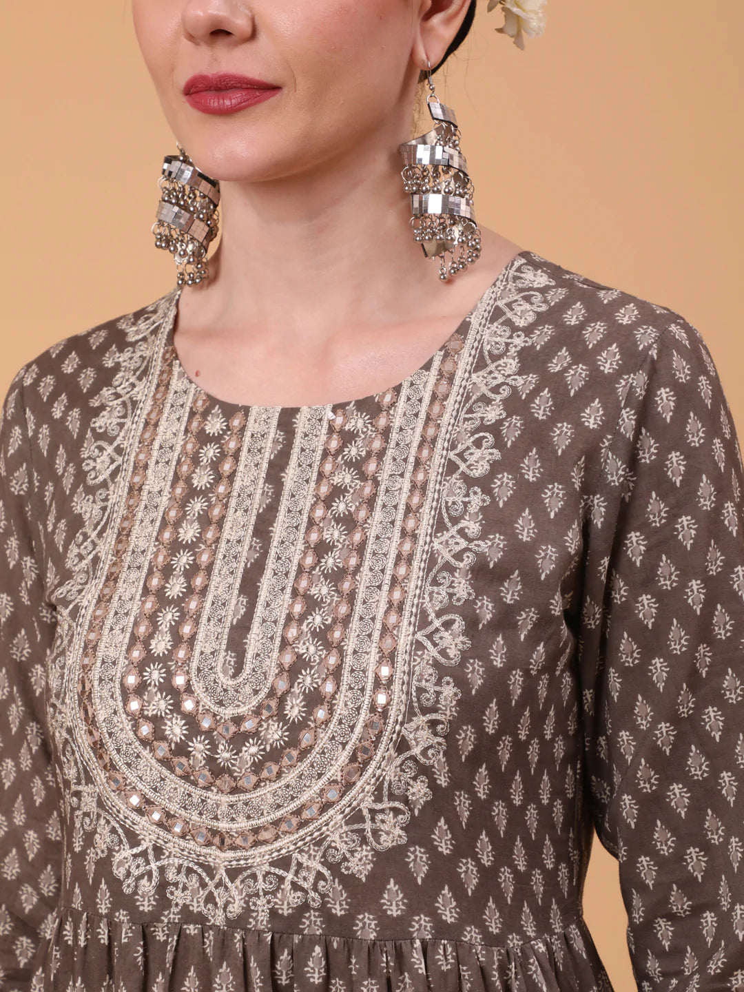 Cotton Full Length Printed Flared 3/4 Sleeve Round Neck Kurta