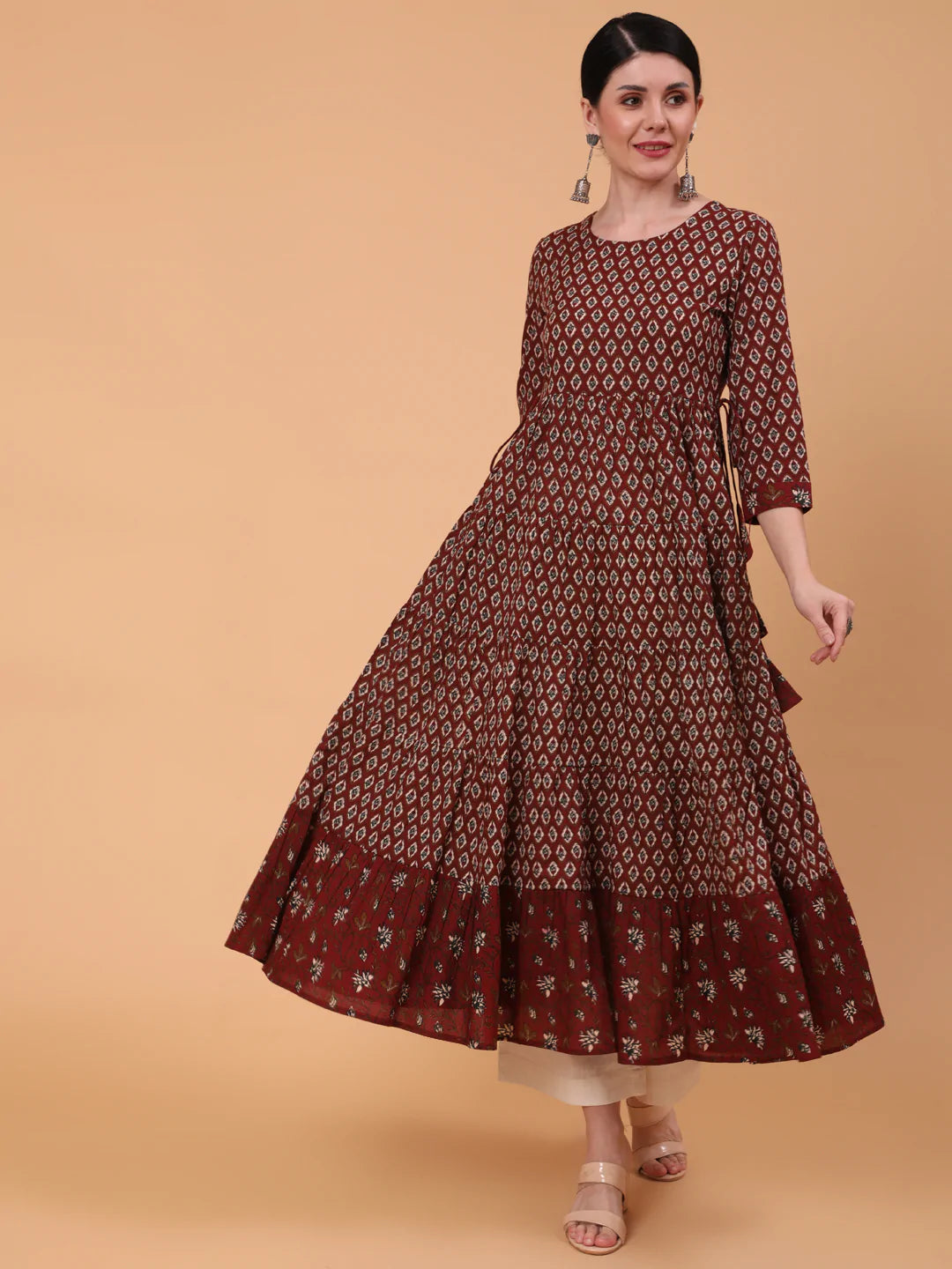 Cotton Calf Length Printed Flared 3/4 Sleeve Round Neck Kurta