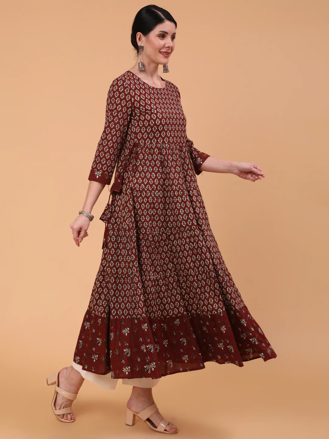 Cotton Calf Length Printed Flared 3/4 Sleeve Round Neck Kurta