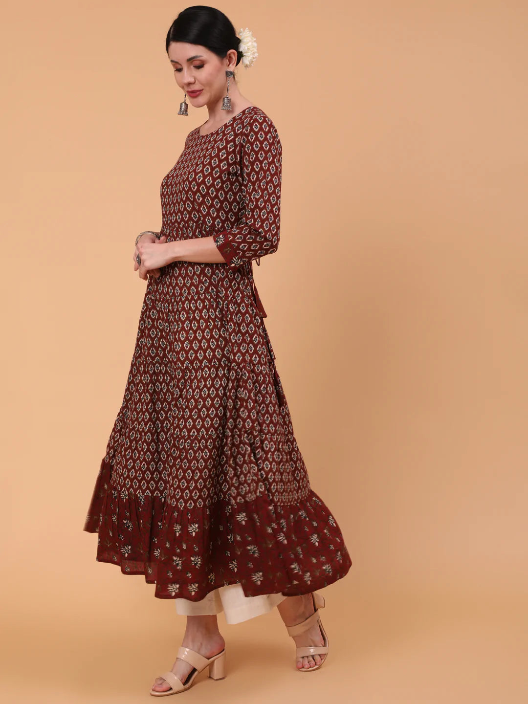 Cotton Calf Length Printed Flared 3/4 Sleeve Round Neck Kurta