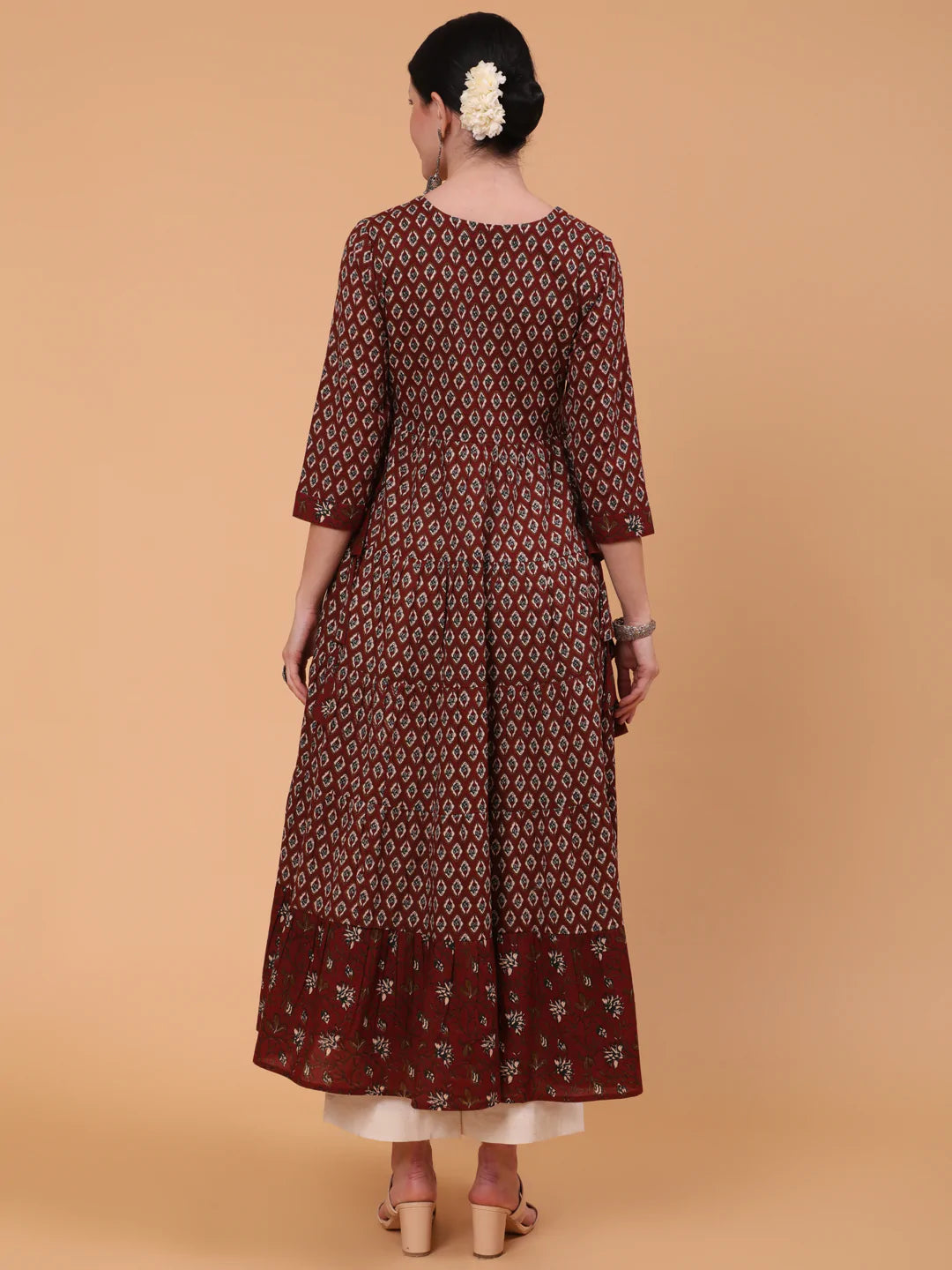 Cotton Calf Length Printed Flared 3/4 Sleeve Round Neck Kurta