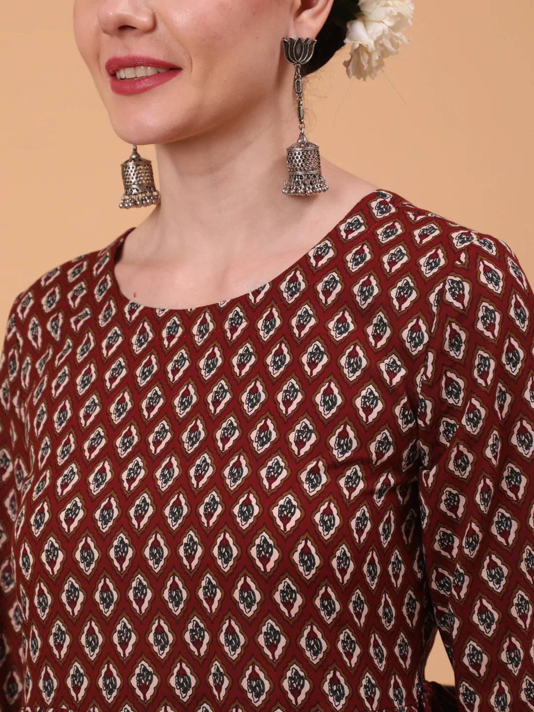 Cotton Calf Length Printed Flared 3/4 Sleeve Round Neck Kurta