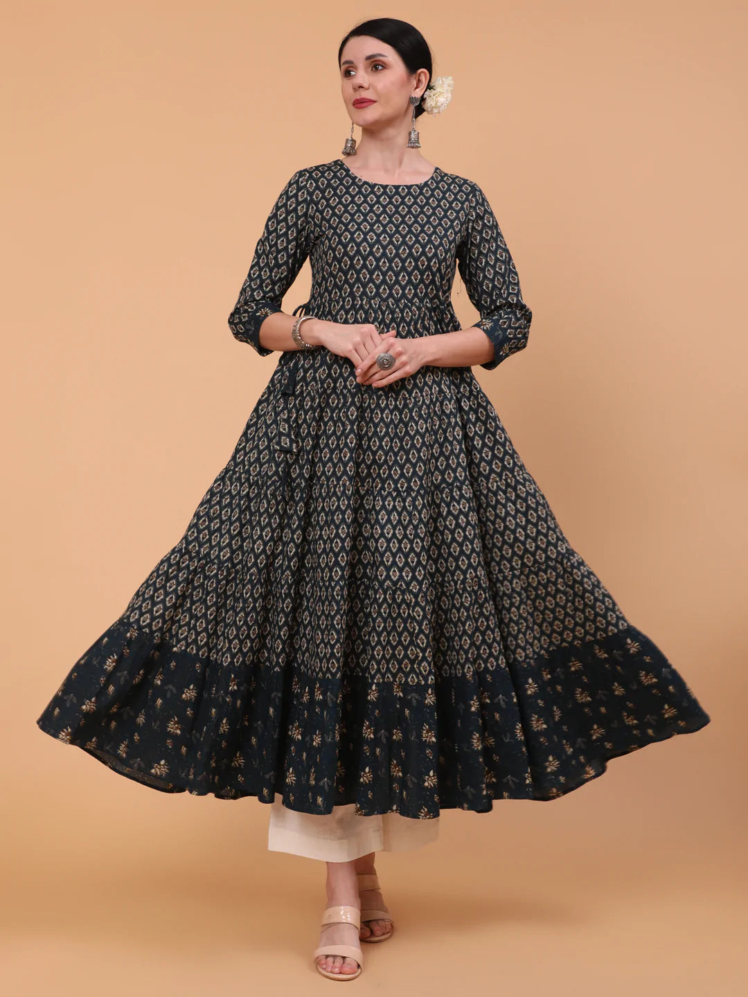 Cotton Calf Length Printed Flared 3/4 Sleeve Round Neck Kurta