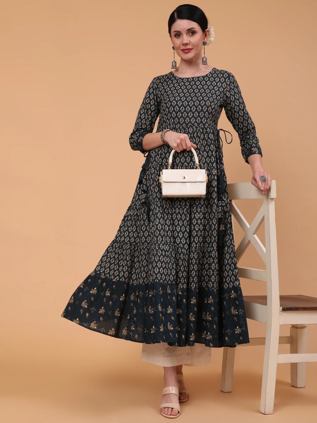 Cotton Calf Length Printed Flared 3/4 Sleeve Round Neck Kurta