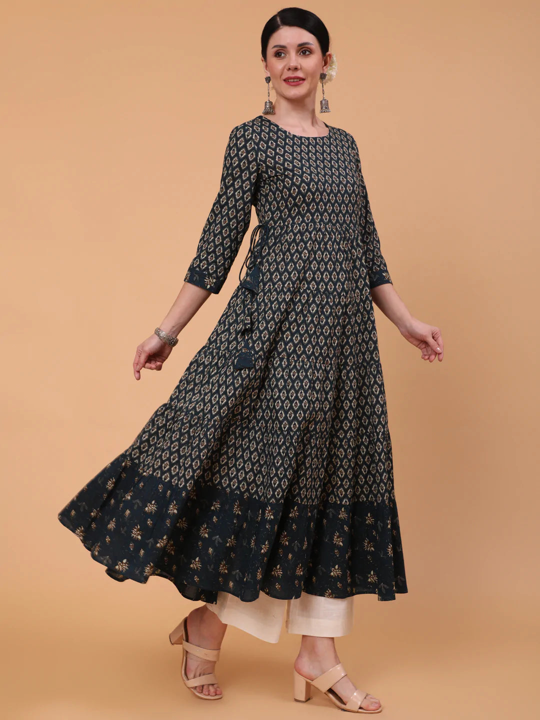 Cotton Calf Length Printed Flared 3/4 Sleeve Round Neck Kurta